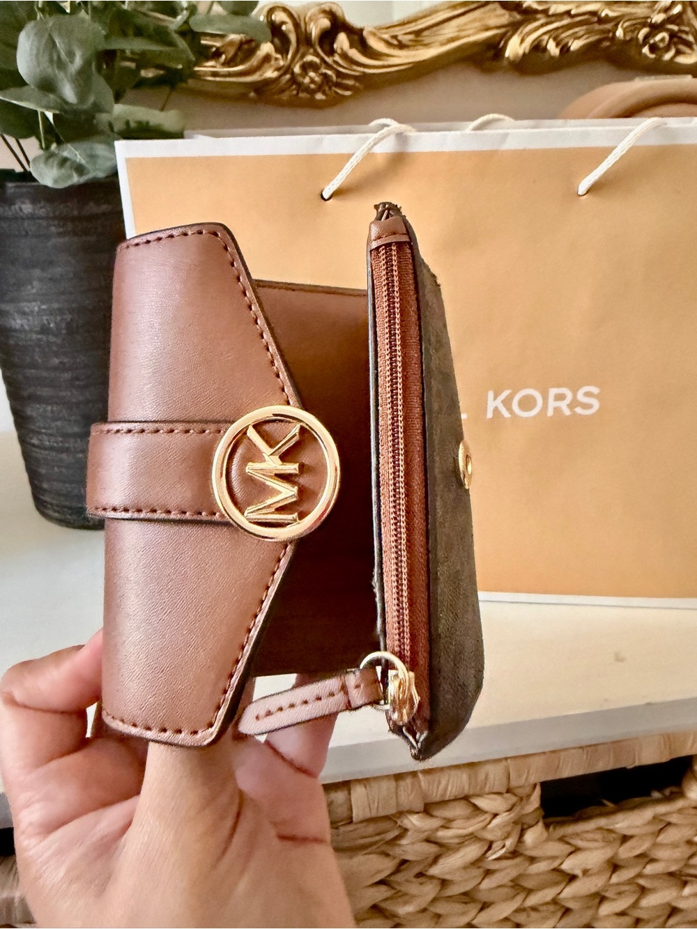 Michael Kors Brown and Tan MK Logo Compact Wallet - Picture 6 of 6